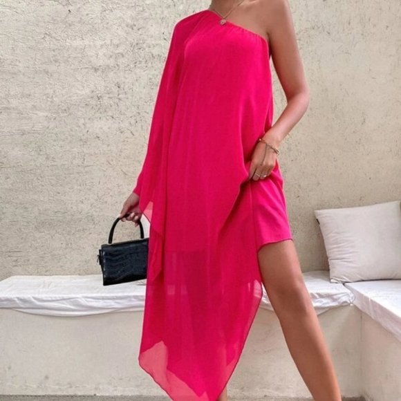 One Shoulder Batwing Sleeve Contemporary Dress HOT PINK - Picture 3 of 8